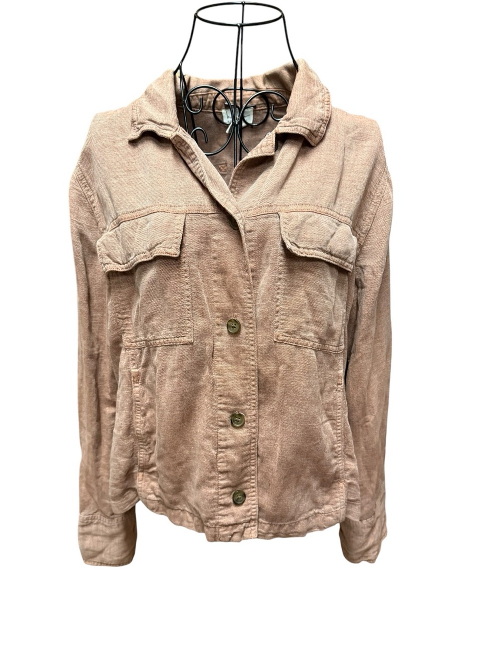 Nicole Miller Linen Blend Button-Front Utility Shirt Jacket - Beige Orange large